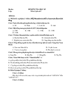 Đề kiểm tra học kì môn Lịch sử 9
